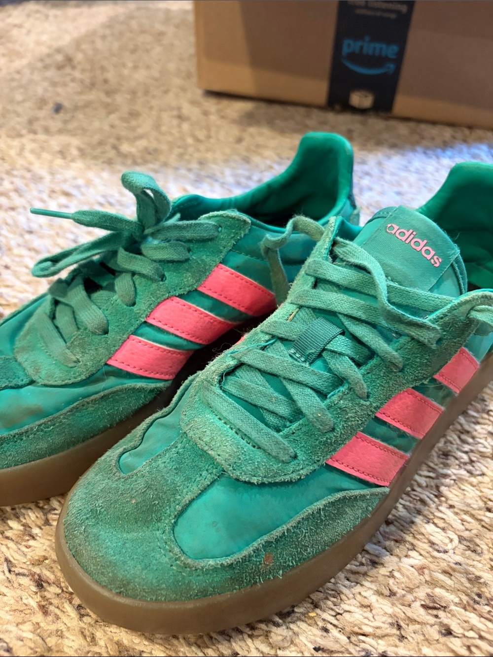 adidas Kids Green Suede Sneakers with Pink Stripes